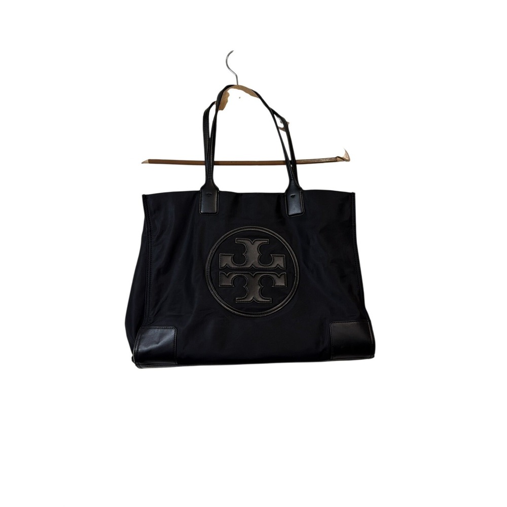 Tory Burch Ella Tote Bag Womens Large Black Nylon Leather Trim Logo